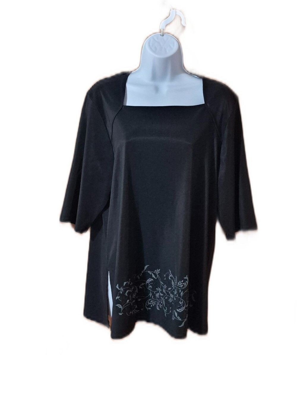 Adrian Karen Black Square-Neck Floral Hem 3/4 Length Sleeves Womens Tunic EUC - Picture 3 of 5